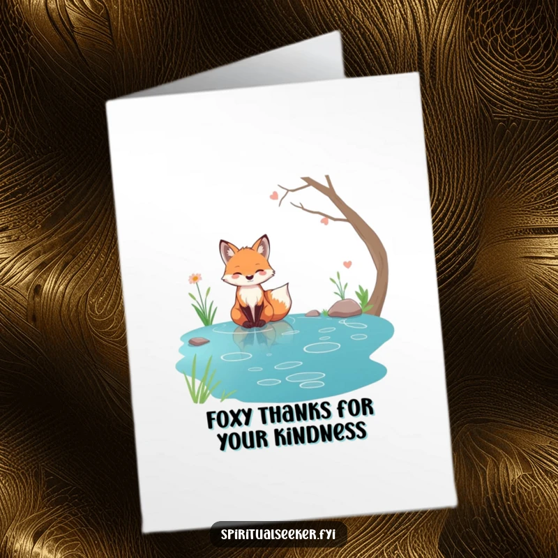 Free Printable Fox Thank You Card: Serene fox sitting by a crystal-clear stream, expressing calm and tranquil thanks.