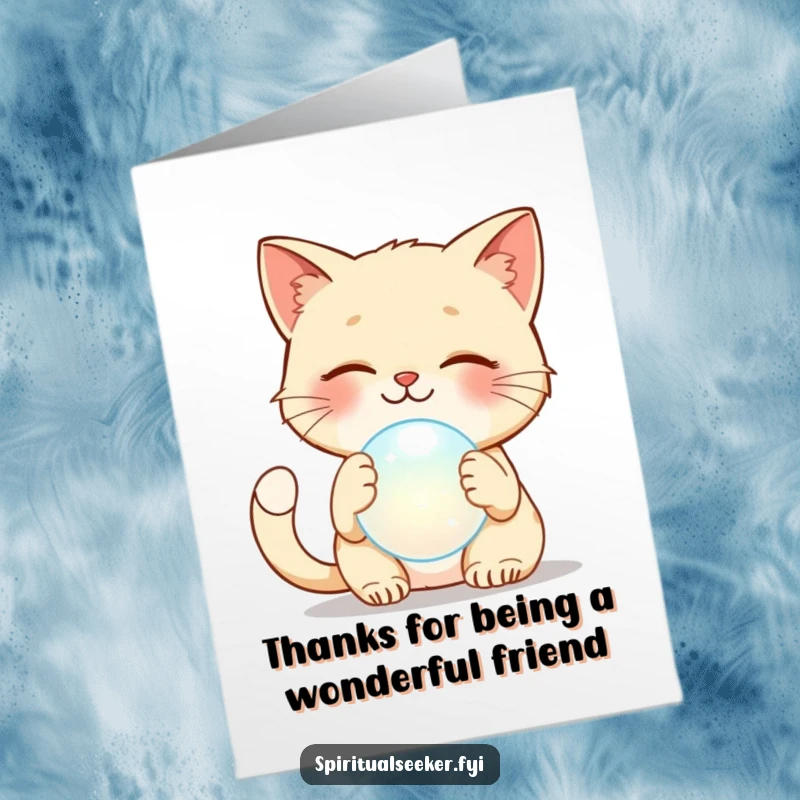 Funny Free Printable Thank You Card: Smiling cat beams as it pats a soft, glowing ethereal orb, expressing thanks.