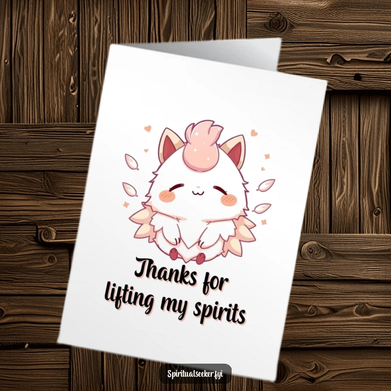 Funny Free Printable Thank You Card of a peaceful Kawaii creature with a gentle smile, enveloped by floating, soft feathers.
