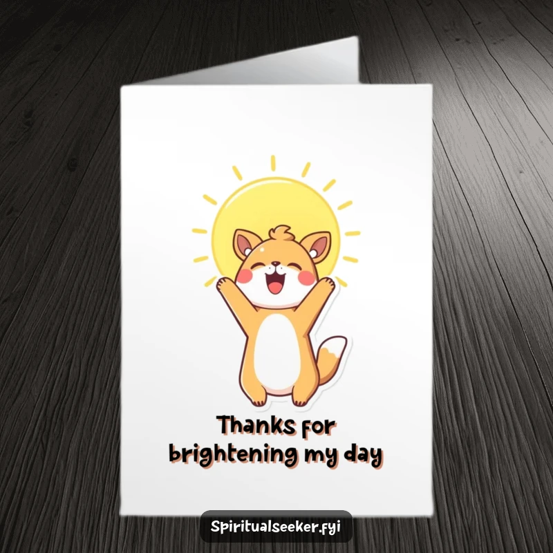 Funny Free Printable Thank You Card with a cheerful Kawaii animal reaching towards a bright sun, expressing thanks.
