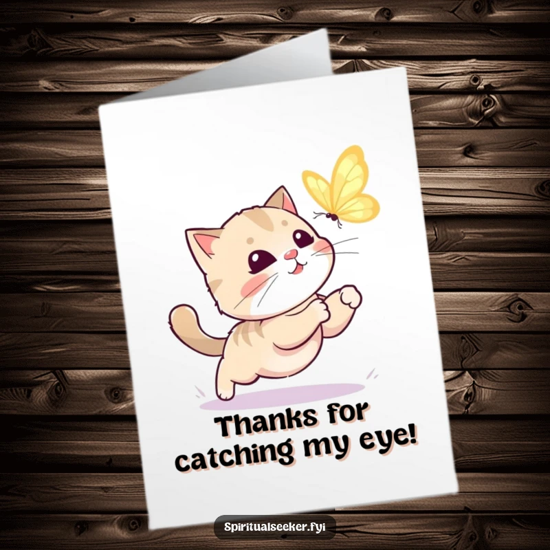 Free Printable Thank You Card: Kawaii cat intently watches a glowing butterfly, a moment of cute gratitude. A downloadable thank you.