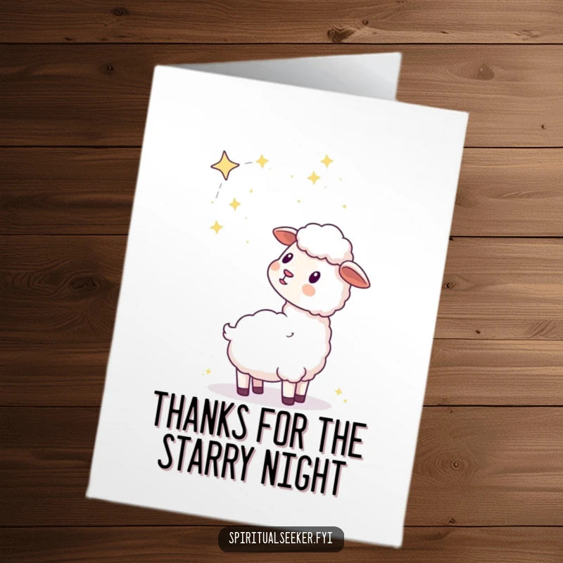 Free Printable Thank You Card: A calm kawaii sheep looks up at an intricate celestial constellation, conveying deep thanks.