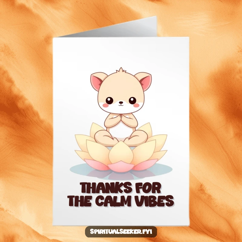 Free Printable Thank You Card: Kawaii animal meditating serenely on a floating lotus flower, expressing peaceful thanks.