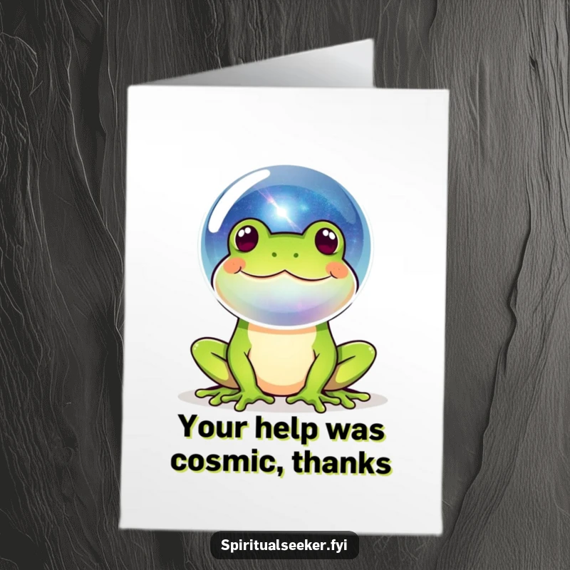 Funny free printable thank you card of a happy frog blowing a bubble containing a colorful miniature galaxy.