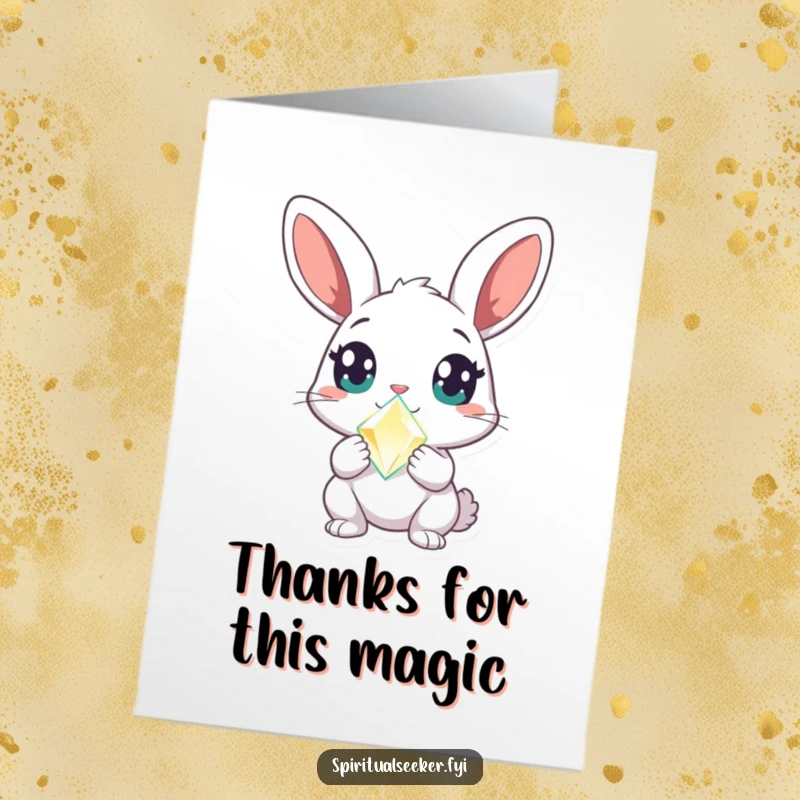 Funny Free Printable Thank You Card: A curious rabbit gazes at a glowing crystal, offering thanks with amazed, humorous delight.