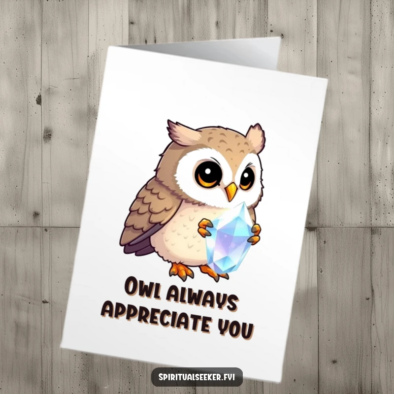Funny Free Printable Thank You Card: Curious owl observing a shimmering crystal, expressing thanks for wise guidance.