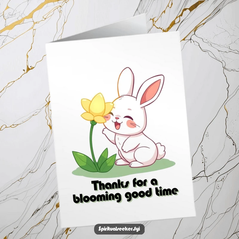 Funny Free Printable Thank You Card: Joyful rabbit sniffing a glowing flower, conveying sweet appreciation.