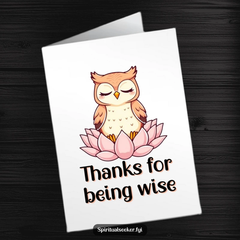 Funny Free Printable Thank You Card: A kawaii owl meditating on a lotus, conveying peaceful gratitude and thanks.