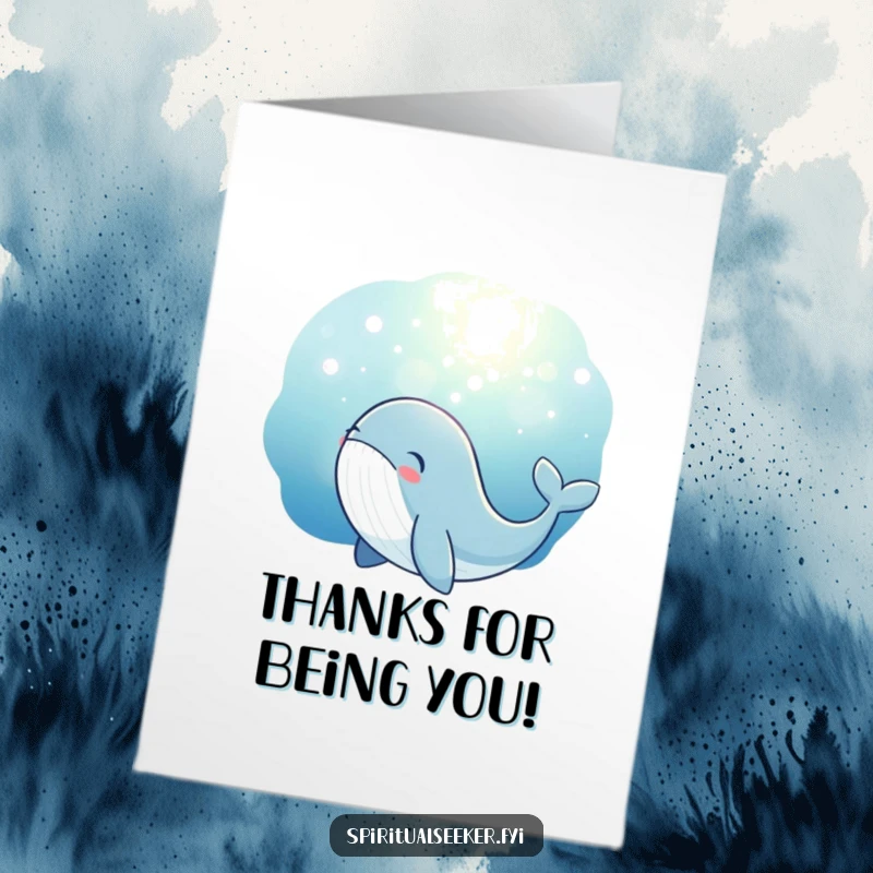 Funny Free Printable Whale Thank You Card: A thoughtful whale looks up at a magical underwater glow, expressing thanks.