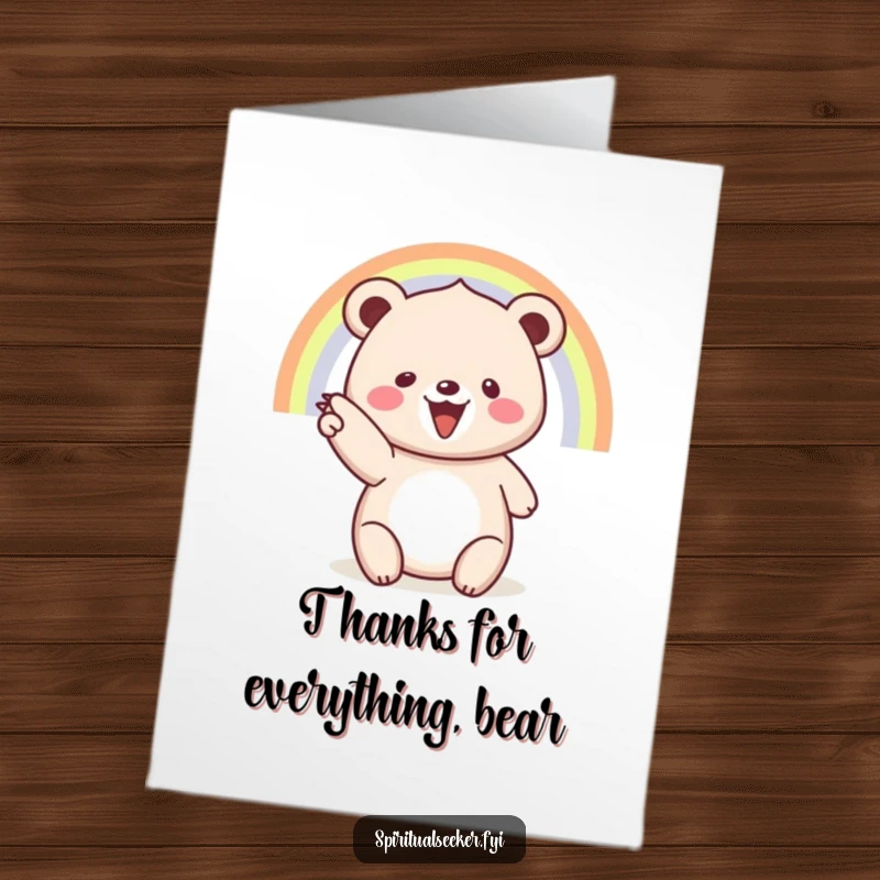 Funny Free Printable Thank You Card: A beaming bear points to a rainbow, offering thanks with radiant happiness. Downloadable art.