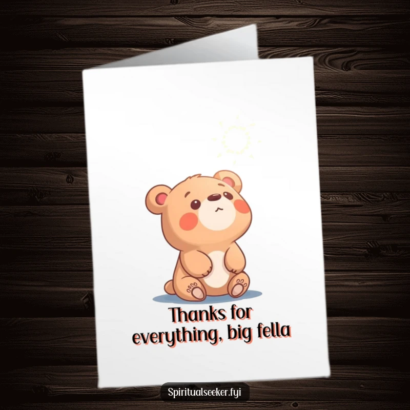 Free Printable Bear Thank You Card: Curious bear cub looking up, inspired by a shimmering light, conveying sincere gratitude.