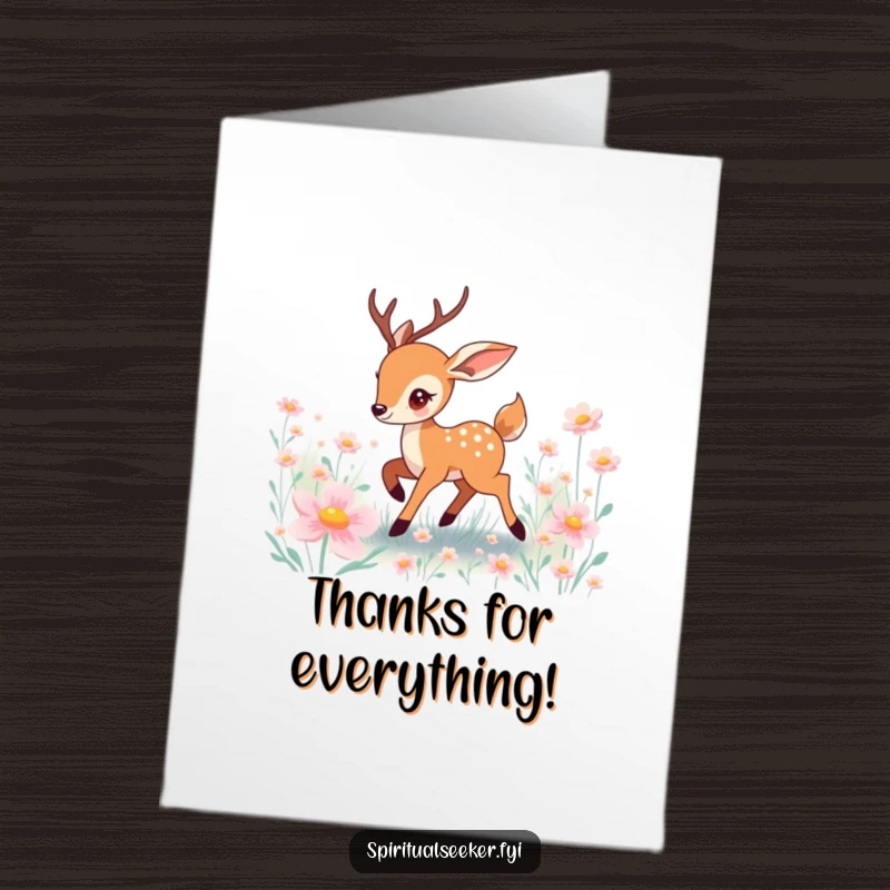 Funny Free Printable Thank You Card: A lovely deer character prancing amidst glowing flowers, conveying sincere thanks with gentle beauty.