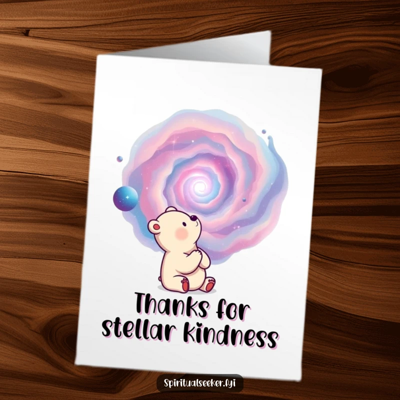 Funny free printable thank you card of a thoughtful bear observing a beautiful, swirling nebula, expressing deep appreciation.