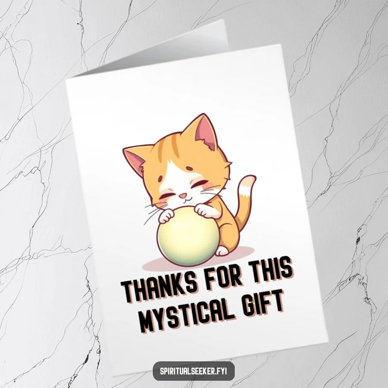 Funny free printable thank you card depicting a curious cat fascinated by a luminous, mystical orb, full of intrigue.