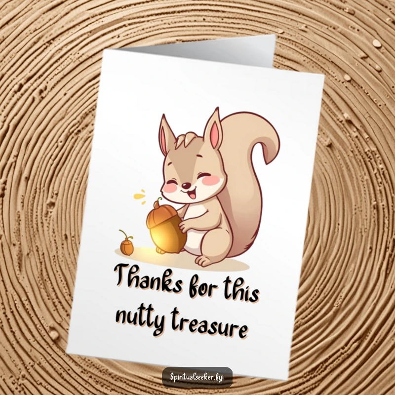 Funny Free Printable Thank You Card with a giggling squirrel finding a glowing acorn, a delightful downloadable gift.