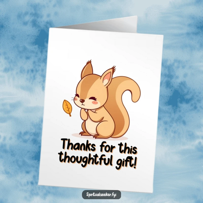 Funny Free Printable Thank You Card: A kawaii squirrel contemplating a falling leaf with deep thought, a thoughtful downloadable greeting.