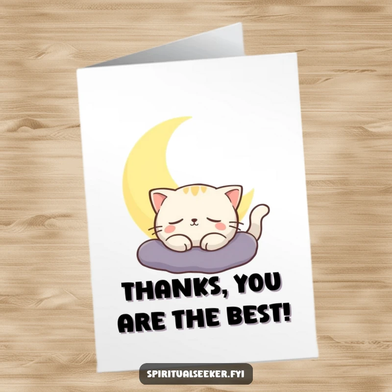 Funny Free Printable Cat Thank You Card: Contented cat basks in moon glow, a purr-fect thank you.