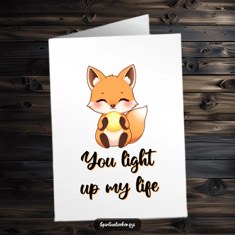 Funny Free Printable Thank You Card: A kawaii fox with a serene expression gently holds a glowing orb, conveying gratitude.