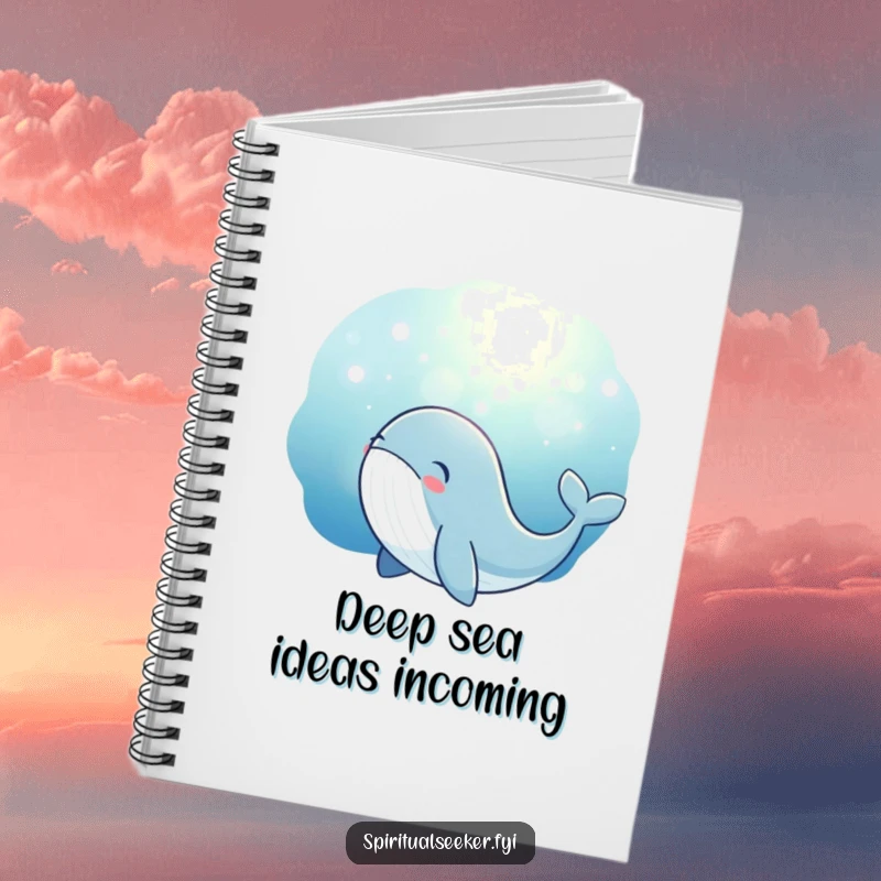 Funny whale notebook showcasing a thoughtful whale character looking up at a magical underwater glow. Ideal for journaling.