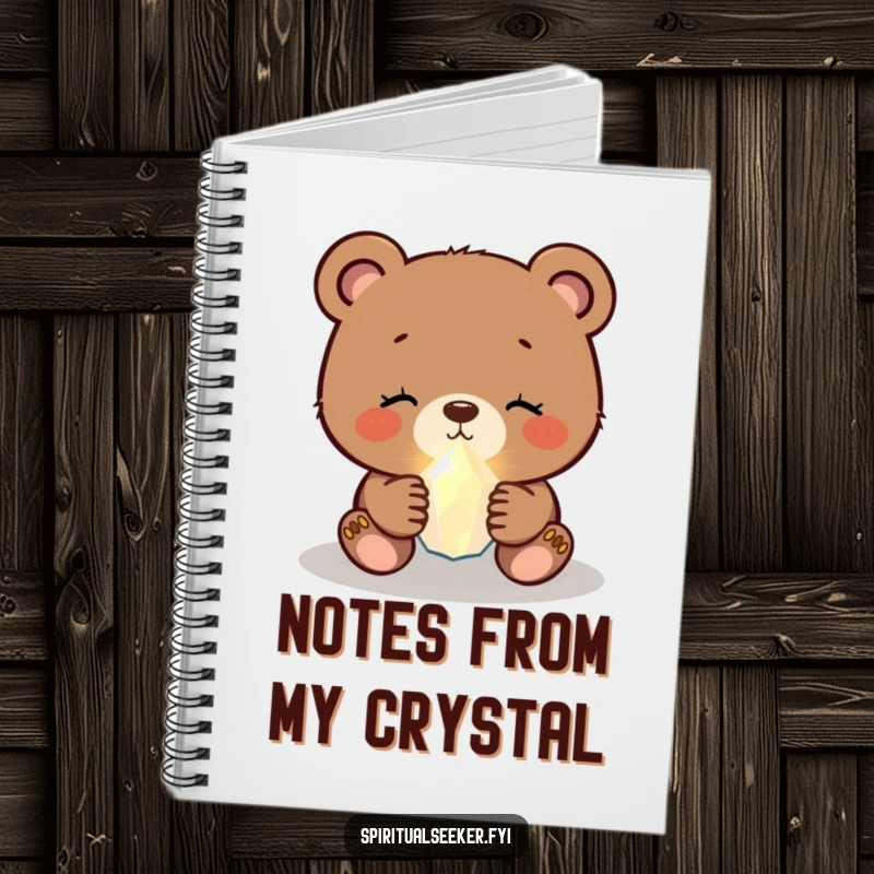 Funny bear cub notebook showcasing a peaceful cub holding a tiny, glowing crystal, ideal for journaling.