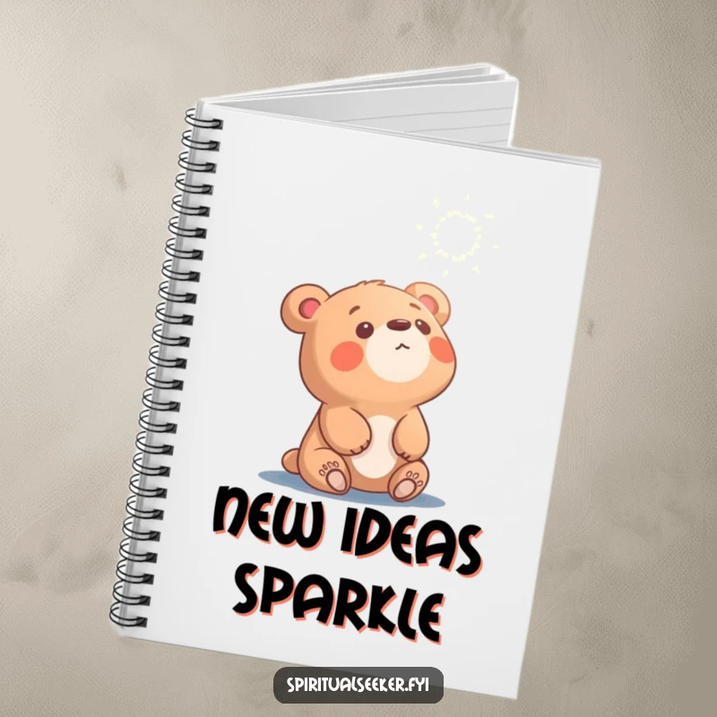 Funny curious bear notebook, character looking up at ethereal light, ideal for journaling and capturing curious thoughts.