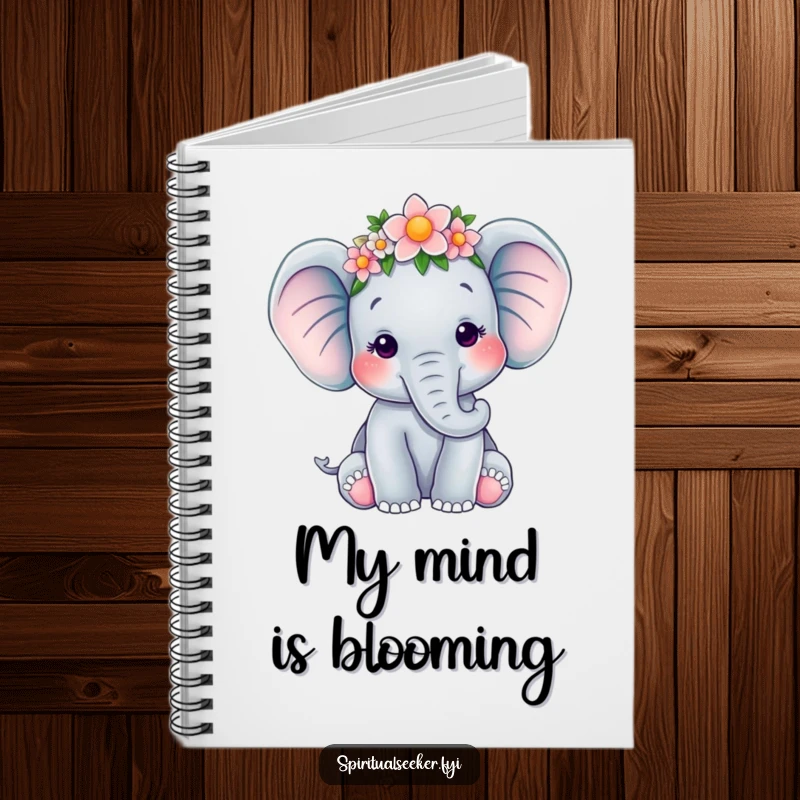 Funny notebook with a serene elephant wearing a flower crown, ideal for writing, drawing, and peaceful note-taking, a great funny gift.