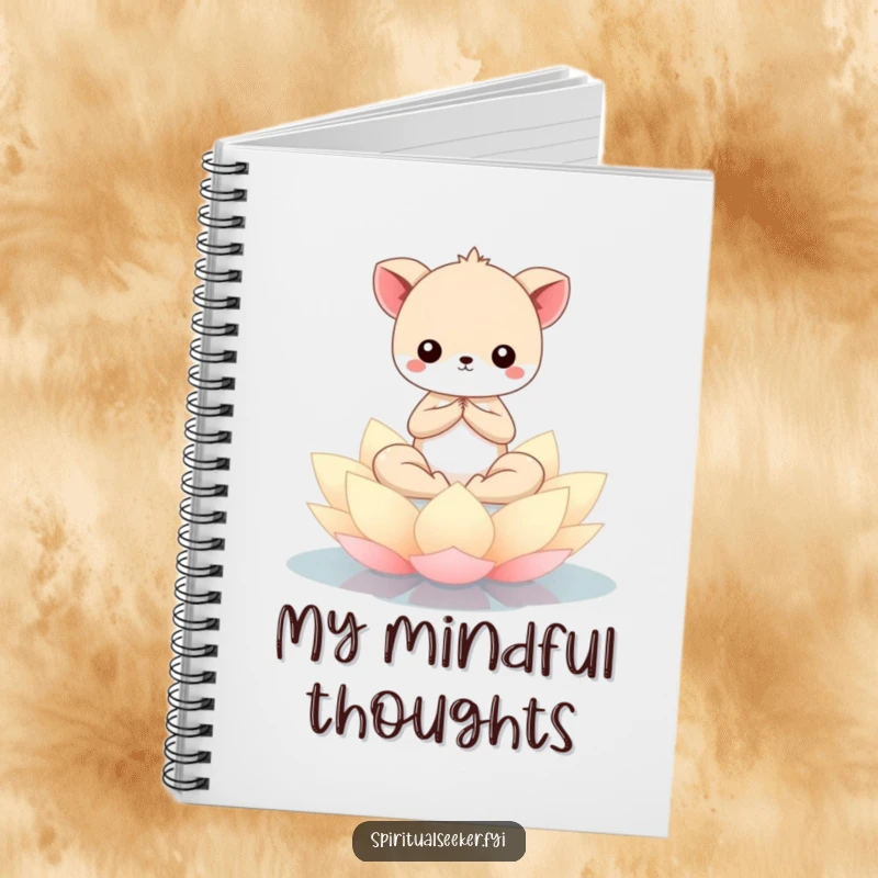 Funny Kawaii animal meditating serenely on a lotus flower, featured on a notebook for capturing peaceful thoughts and mindful reflections.