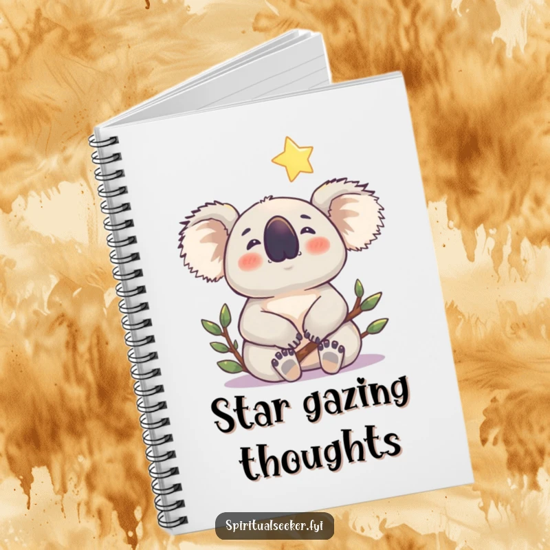 Funny koala notebook showcasing a contented koala gazing at a gentle, shining star, ideal for journaling.