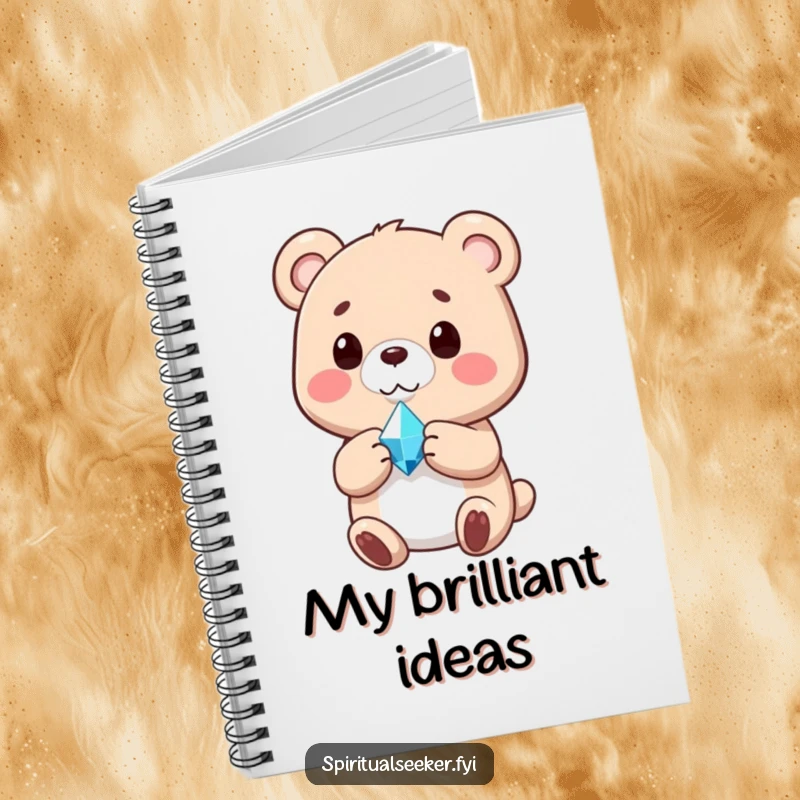 Funny notebook with a serene bear holding a glowing crystal on its cover, perfect for calm note-taking.
