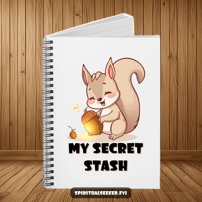 Funny notebook with a giggling squirrel finding a glowing acorn on its cover, perfect for playful note-taking.
