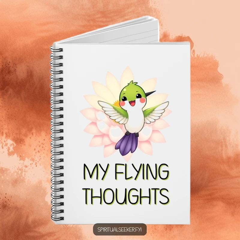 Funny notebook with a smiling hummingbird near a radiant lotus on its cover, perfect for inspired note-taking.