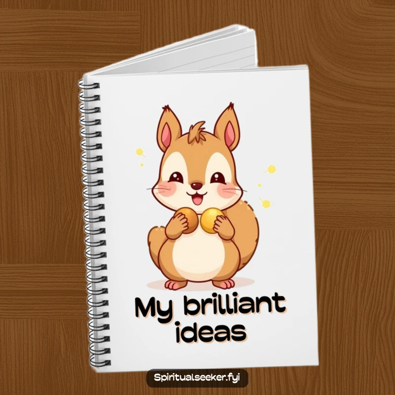 Funny notebook cover with a cheerful squirrel distributing luminous nuts, symbolizing sharing ideas and sparking creativity.
