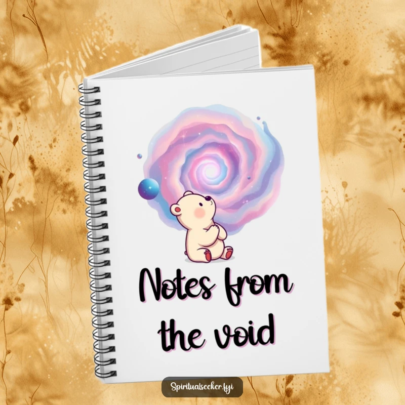 Funny notebook with a thoughtful bear observing a swirling nebula, perfect for jotting cosmic thoughts.