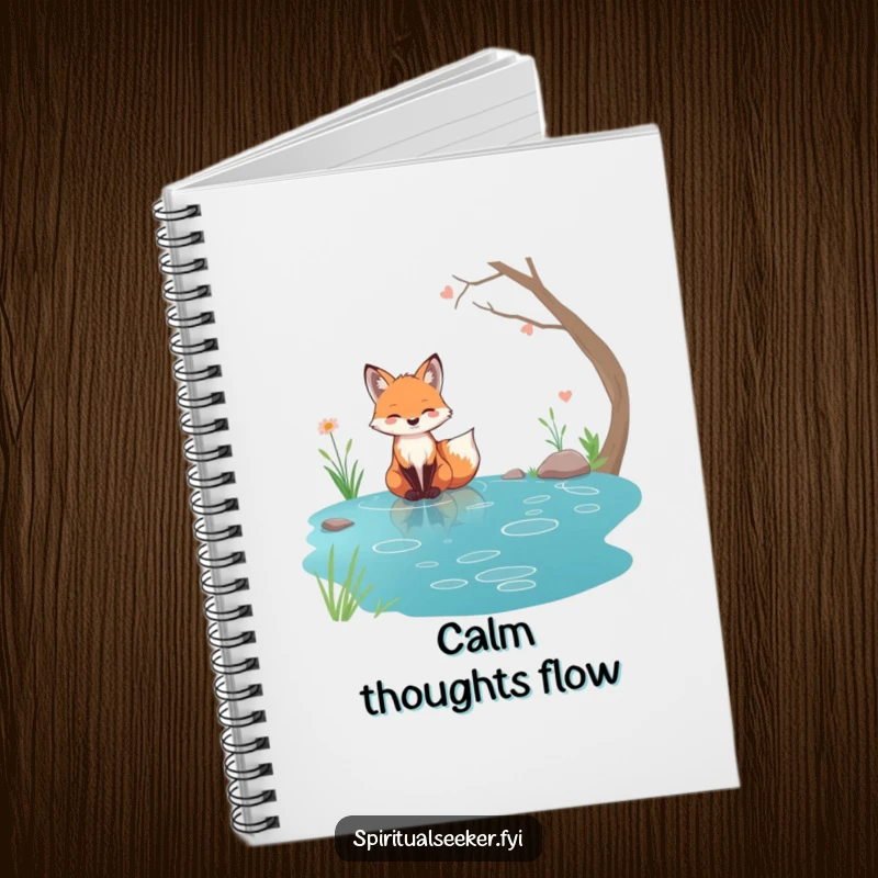 Funny tranquil fox notebook, sitting by a serene stream, ideal for journaling calm thoughts and reflections.