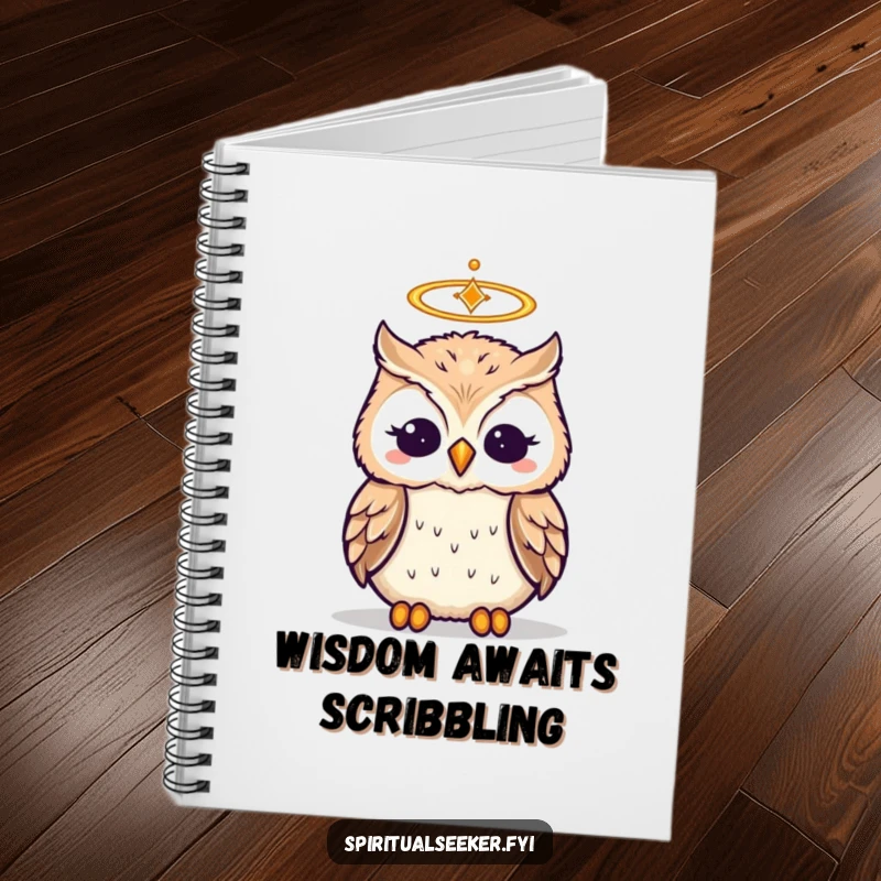 Funny notebook with a wise, haloed owl meditating, designed for writing humorous thoughts and notes.