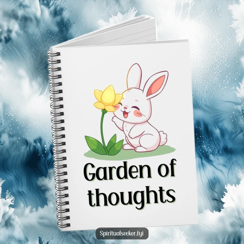 Funny joyful rabbit notebook, depicting a rabbit sniffing a glowing flower, encouraging users to record their garden observations and inspirations.