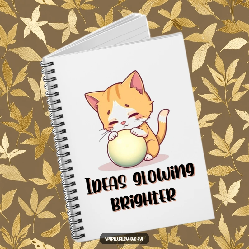 Funny notebook with a curious cat exploring a glowing mystical orb, perfect for recording magical thoughts.