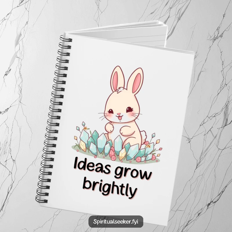 Funny notebook with a happy rabbit tending a garden of tiny crystals, perfect for jotting magical thoughts.