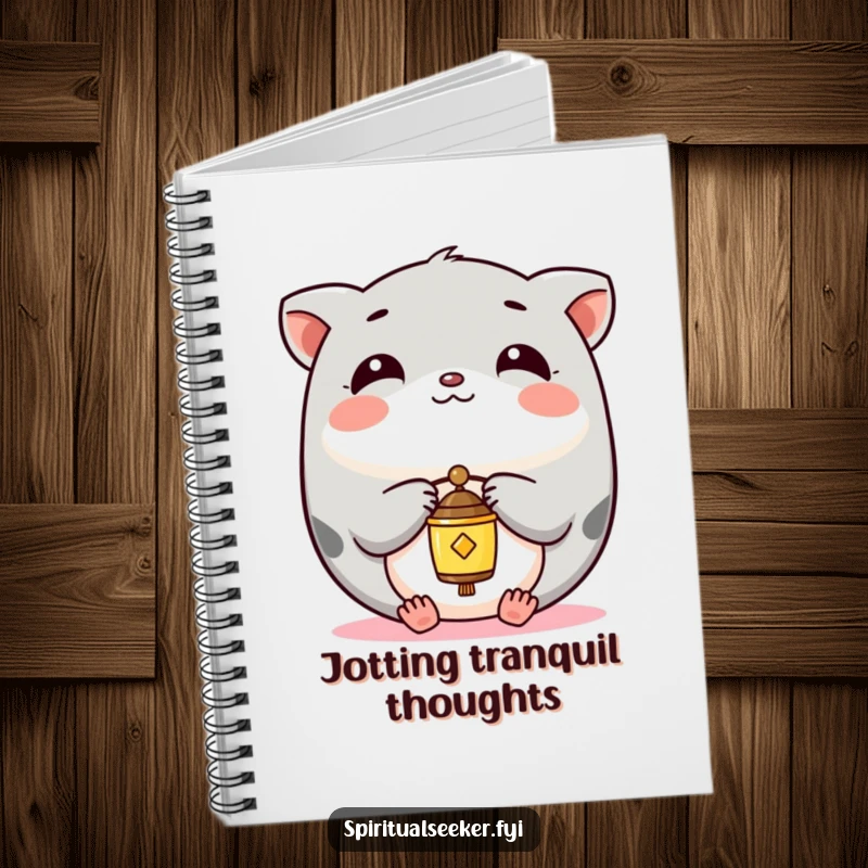 Funny Notebook featuring a calm Kawaii animal balancing a chime, designed for jotting down peaceful thoughts and ideas.