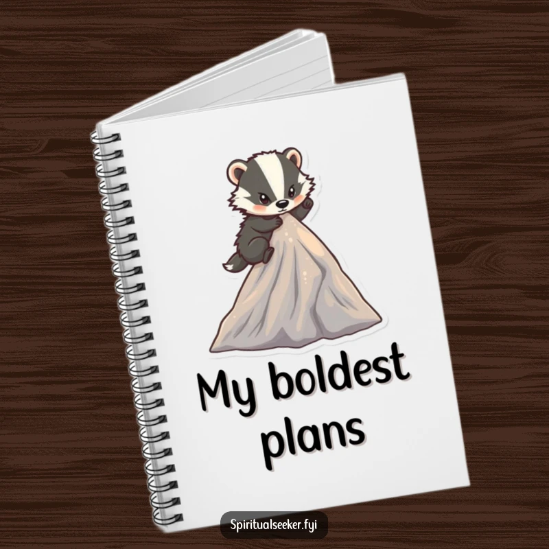 Funny determined badger notebook with a character climbing a small, sparkling mountain peak, perfect for ambitious note-taking and humorous journaling.