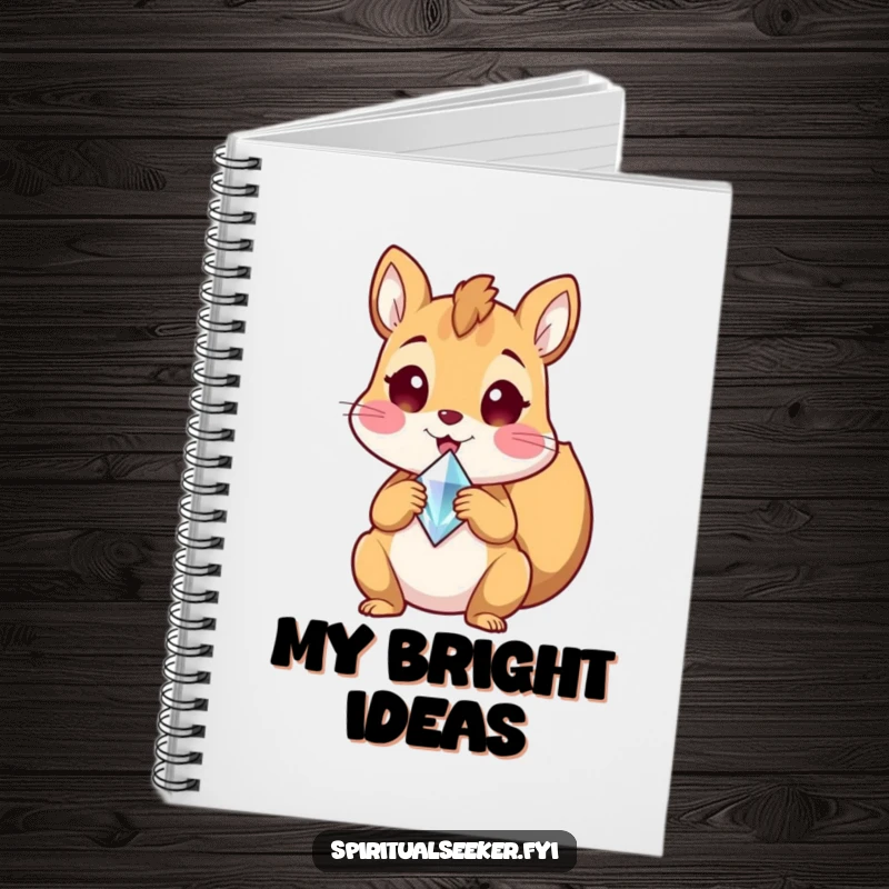 Funny notebook with a delighted squirrel holding a crystal shard, great for jotting down ideas, notes, and sketches, a thoughtful funny gift.