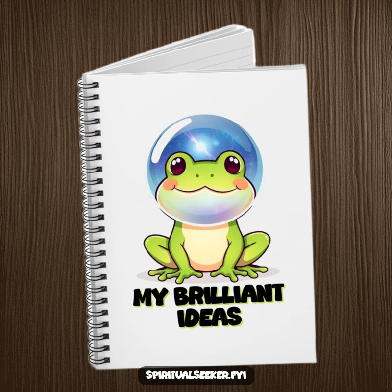Funny frog galaxy bubble notebook with a happy amphibian blowing a bubble reflecting a miniature universe, perfect for jotting down cosmic thoughts.