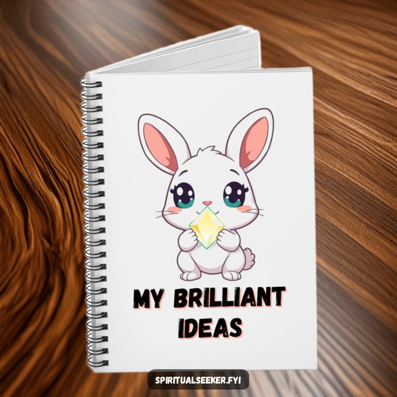 Funny rabbit notebook with a curious character, wide amazed eyes, and a glowing crystal, perfect for magical note-taking and humorous journaling.