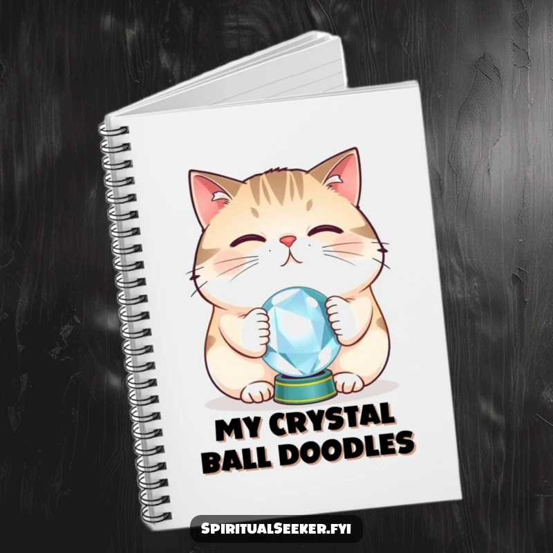 Funny cat crystal ball notebook with a plump cat balancing a tiny orb, perfect for jotting down mystical thoughts and feline observations.