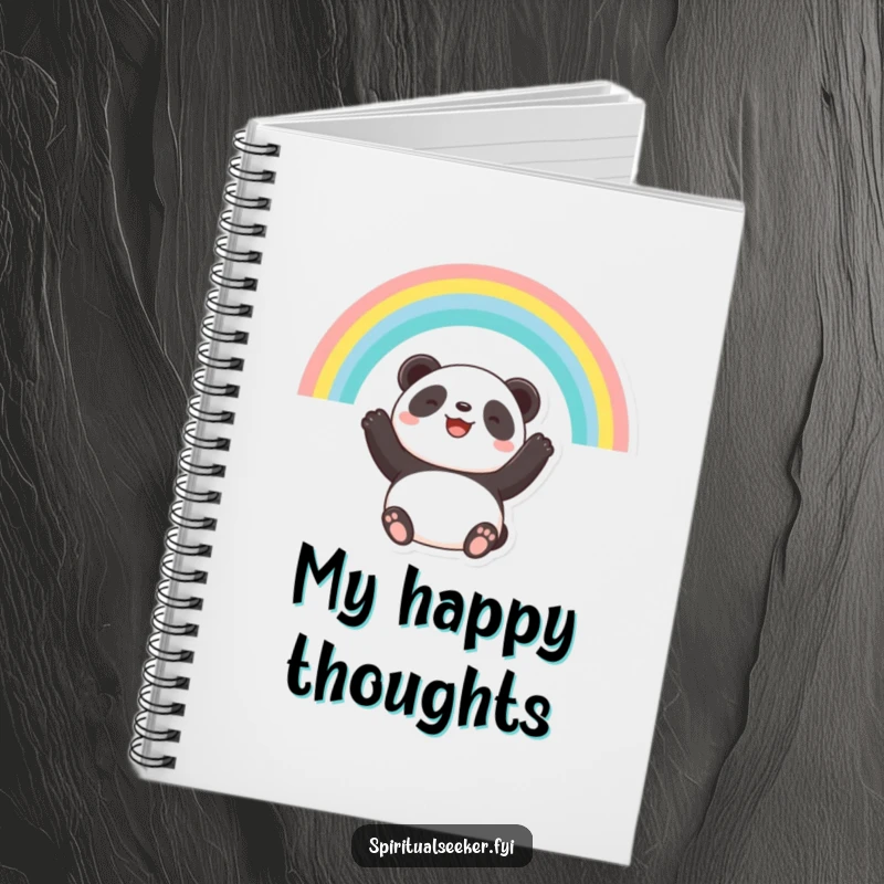 Funny notebook cover with a hopeful panda looking at a rainbow, designed to inspire positive thoughts and creative writing.
