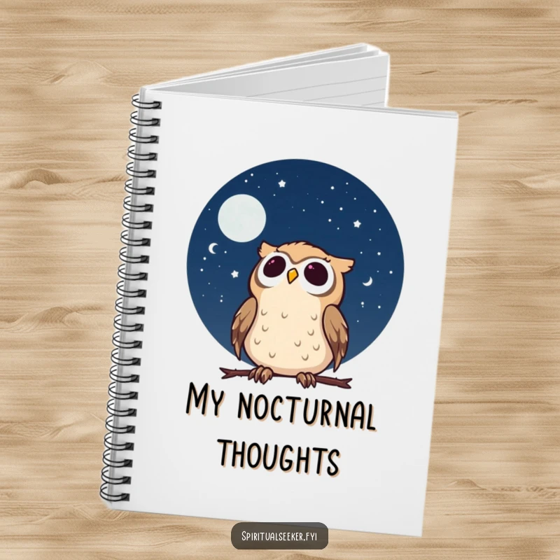 Funny calm owl notebook with a character gazing at a starry night sky with wonder, perfect for peaceful note-taking and humorous journaling.