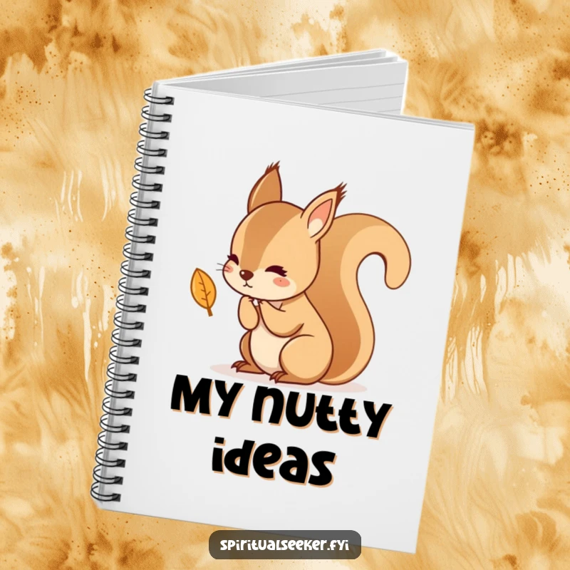 Funny notebook with a kawaii squirrel lost in deep thought over a falling leaf, ideal for note-taking and contemplative expression.