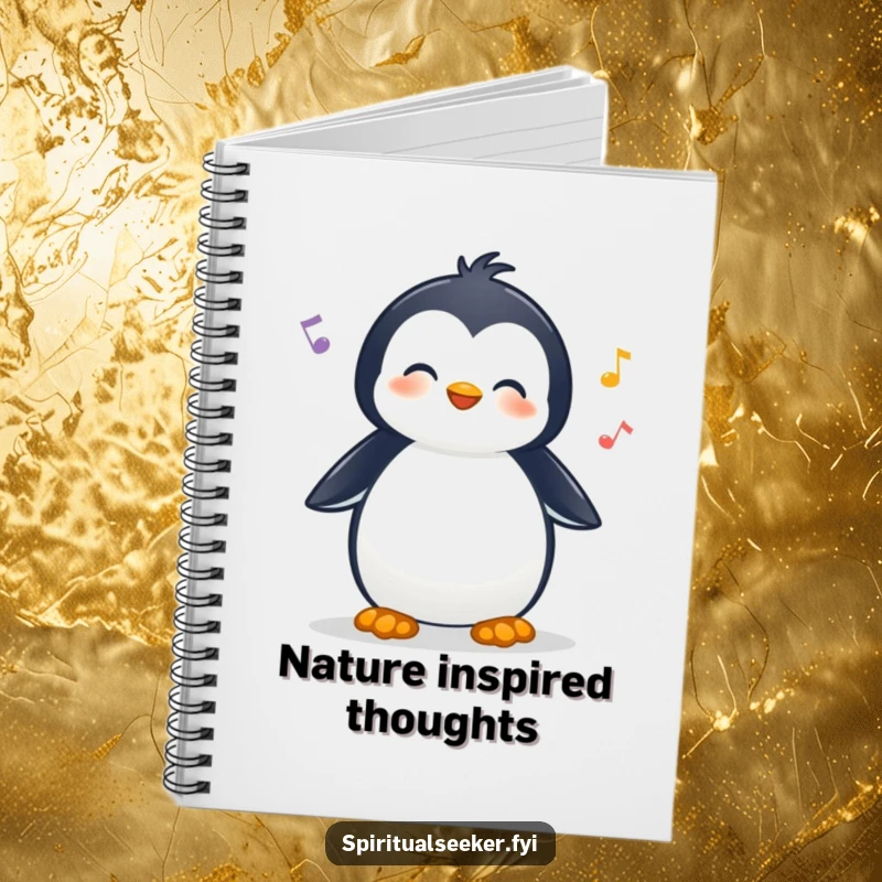 Funny notebook with a cheerful penguin character listening to nature sounds, perfect for jotting down notes and humorous nature reflections.