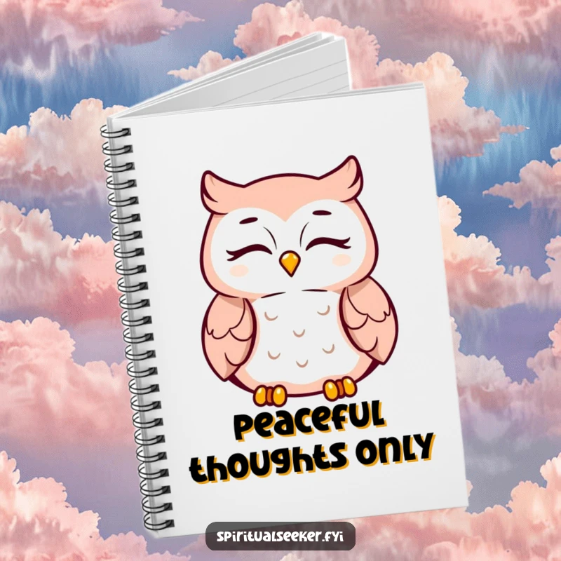 Funny meditating owl notebook, peaceful smiling character, designed for journaling and note-taking with a serene mood.