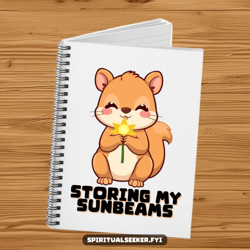 Funny squirrel notebook showcasing a cute squirrel holding a soft, golden ray, ideal for journaling.